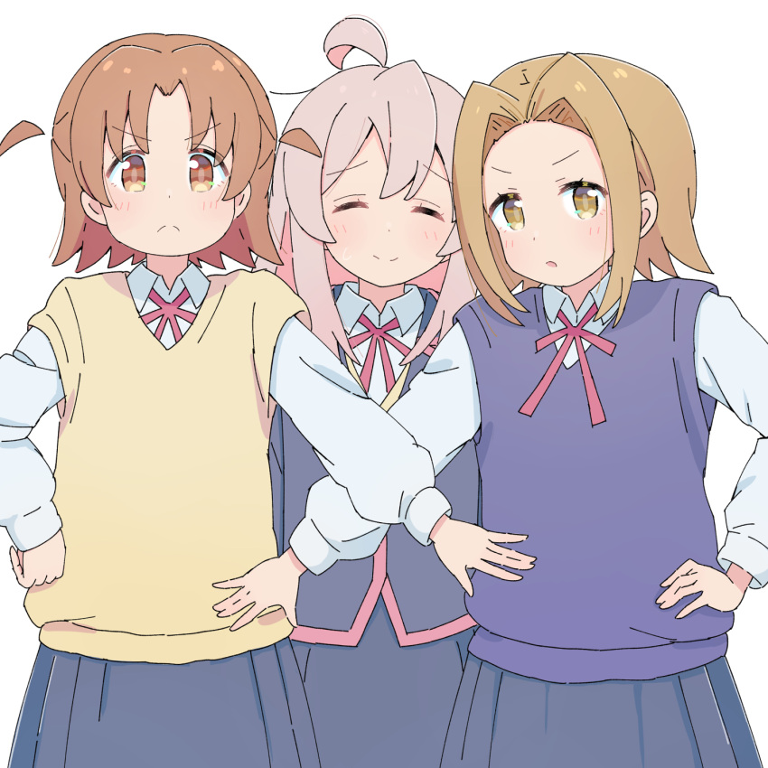 3girls ahoge black_jacket black_skirt blue_vest brown_eyes brown_hair commentary facing_viewer frown hair_intakes hand_on_hip highres jacket light_brown_hair long_hair long_sleeves looking_at_viewer multiple_girls neck_ribbon onii-chan_wa_oshimai! oyama_mahiro parted_bangs pink_hair red_ribbon ribbon shiina_minori shirt short_hair simple_background skirt smile split_mouth takada_satsuki tetesudeesu two_side_up vest white_background white_shirt wing_collar yellow_vest