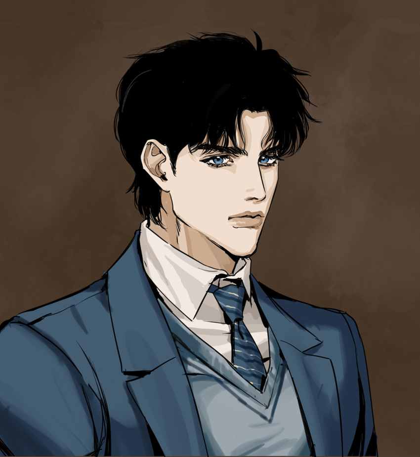 1boy black_hair blue_eyes brown_background formal highres jojo_no_kimyou_na_bouken jonathan_joestar lips male_focus necktie phantom_blood portrait solo suit sweater user_dapv2434