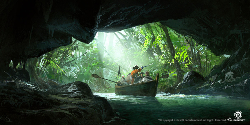 5boys assassin's_creed_(series) assassin's_creed_iv:_black_flag boat cave company_name concept_art dechambo fern holding holding_oar holding_sword holding_weapon multiple_boys nature oar outdoors sword tree water watercraft watermark weapon