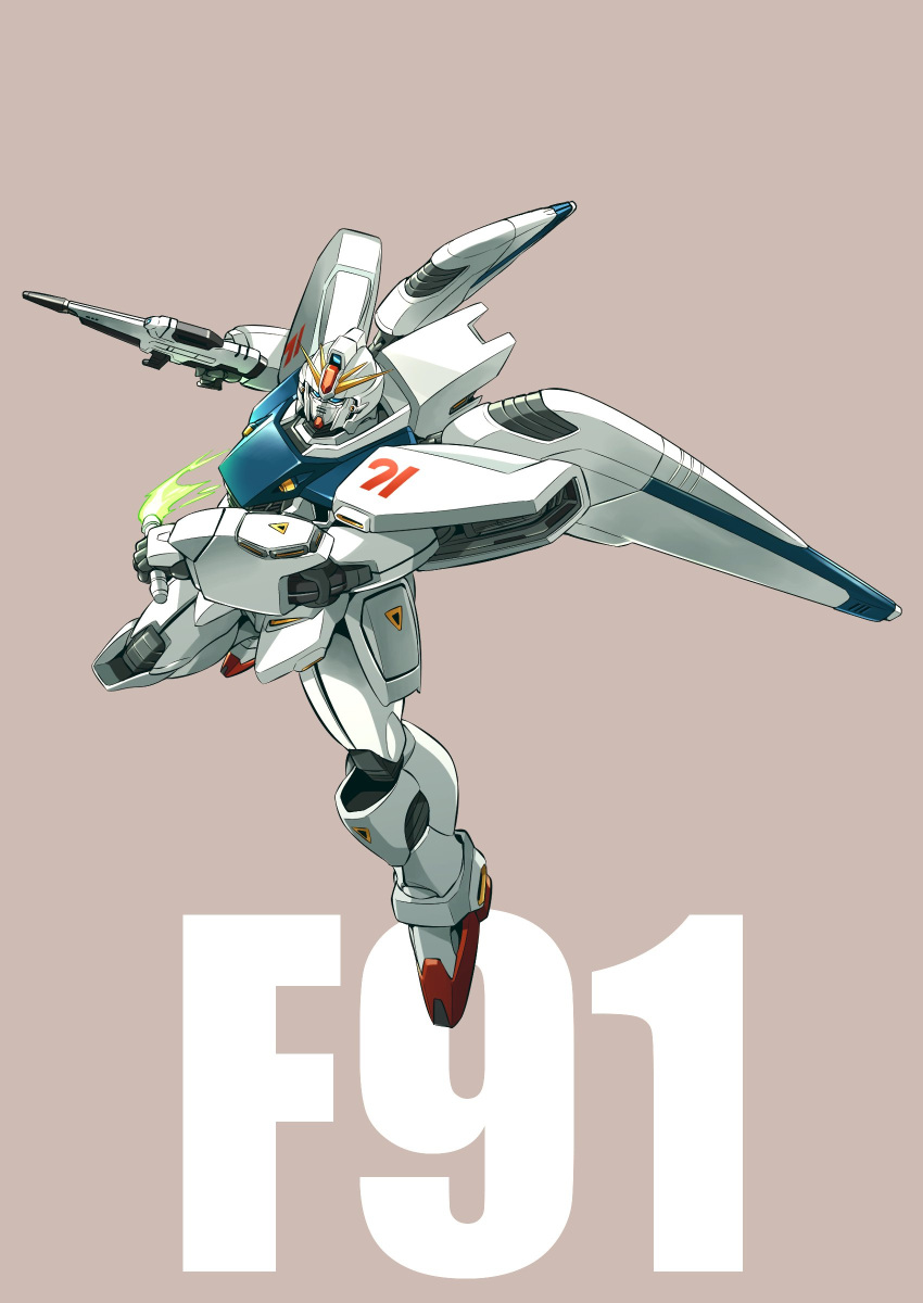 absurdres beam_rifle beam_saber blue_eyes brown_background character_name energy_gun f91_gundam flying gun gundam gundam_f91 highres holding holding_gun holding_sword holding_weapon ishiyumi mecha no_humans robot science_fiction solo sword v-fin weapon