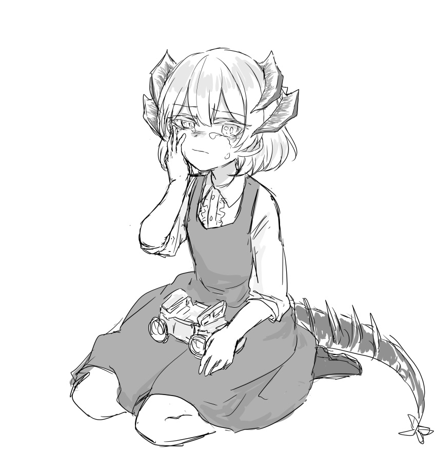 1girl absurdres aged_down arknights collared_shirt crying dragon_girl dragon_horns dress highres horns long_sleeves monochrome saria_(arknights) seiza shirt short_hair sitting sketch solo srsdnoisi toy_truck