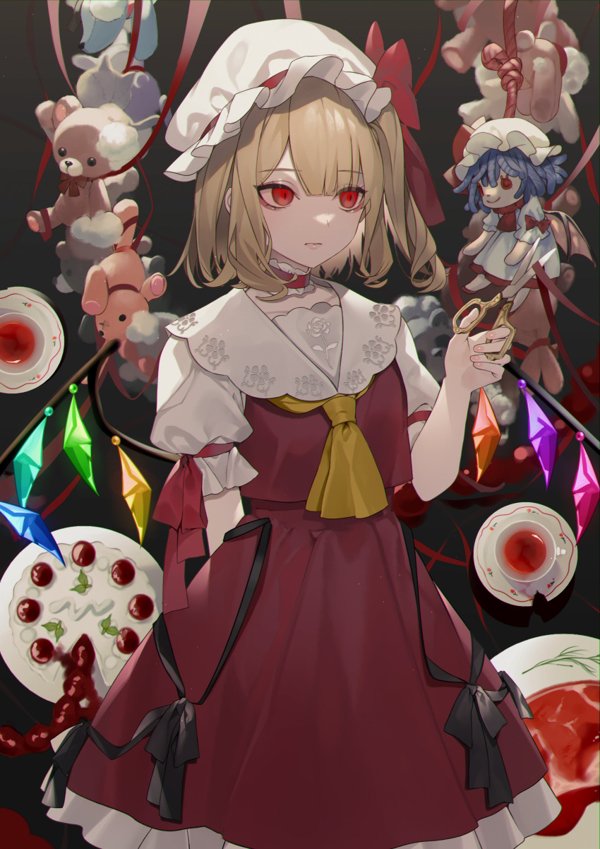 1girl absurdres animal_ears ascot bags_under_eyes black_background black_ribbon blonde_hair blue_hair bow bowtie cake character_doll choker closed_mouth collared_shirt crystal cup daimaou_ruaeru doll dress fingernails flandre_scarlet food frilled_choker frilled_sleeves frills gradient_background grey_dress grey_headwear grey_shirt hair_between_eyes hand_up hat hat_bow hat_ribbon highres holding holding_scissors jewelry light light_brown_hair looking_to_the_side mob_cap multicolored_wings nail_polish one_side_up pink_nails plate puffy_short_sleeves puffy_sleeves red_ascot red_bow red_choker red_eyes red_footwear red_skirt red_vest remilia_scarlet ribbon scissors shirt shoes short_hair short_sleeves skirt skirt_set smile solo standing stuffed_animal stuffed_rabbit stuffed_toy teacup teddy_bear touhou vest white_headwear wings yellow_ascot