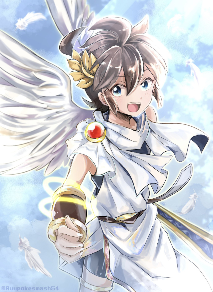 1boy angel angel_wings armband armlet blue_eyes brown_hair clouds cowboy_shot feathered_wings feathers highres kid_icarus kid_icarus_uprising laurel_crown open_mouth pit_(kid_icarus) rune_(ruupokesmash54) sky solo twitter_username white_wings wings