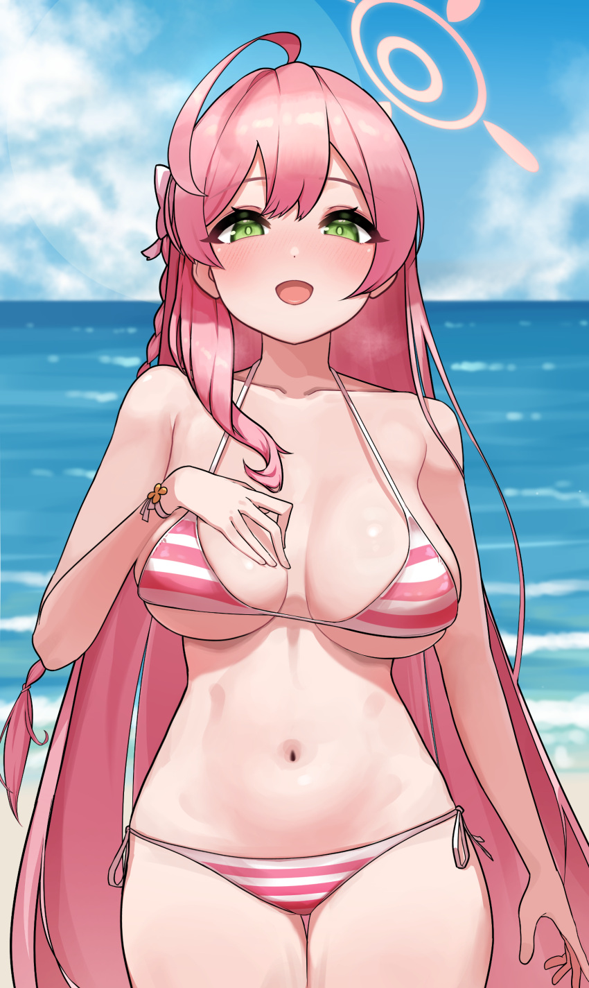 1girl absurdres bikini blue_archive breasts green_eyes halo hanako_(blue_archive) highres huge_breasts large_breasts long_hair looking_at_viewer p03145 pink_hair solo striped striped_bikini swimsuit