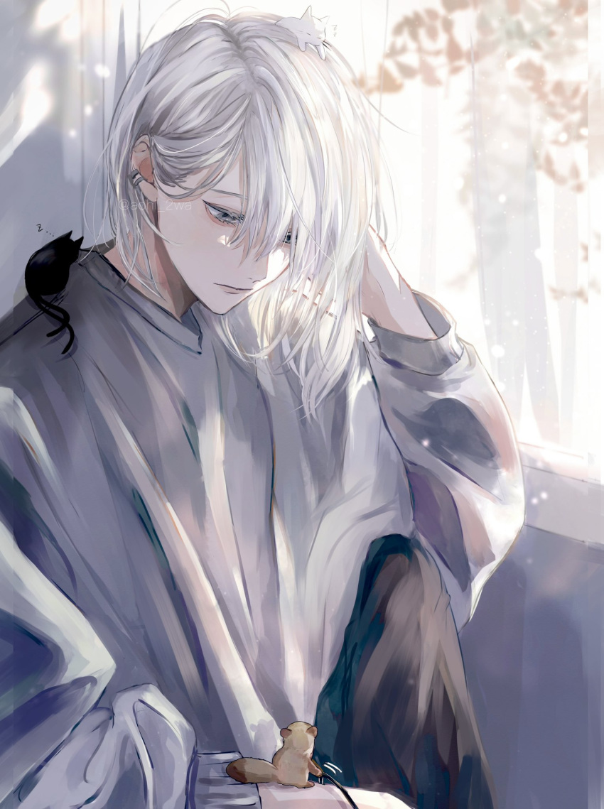 1boy aohi_2wa bishounen closed_mouth grey_hair half-closed_eyes highres indoors light_rays looking_at_another male_focus original solo straight_hair underwear white_hair