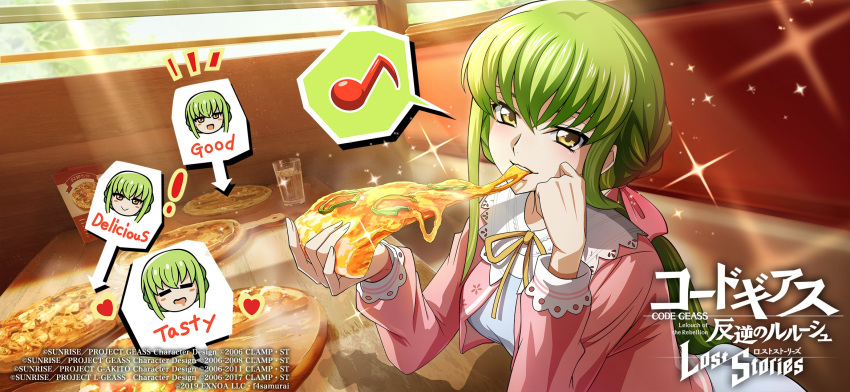 1girl =_= blush bow breasts c.c. cheese_trail code_geass code_geass:_lost_stories copyright_name cup english_text eyebrows_hidden_by_hair food glint green_hair hair_bow head_tilt heart highres holding holding_food holding_pizza indoors looking_at_viewer low_ponytail medium_breasts musical_note official_art open_mouth parted_lips pink_bow pizza pizza_slice shadow smile speech_bubble spoken_musical_note water yellow_eyes