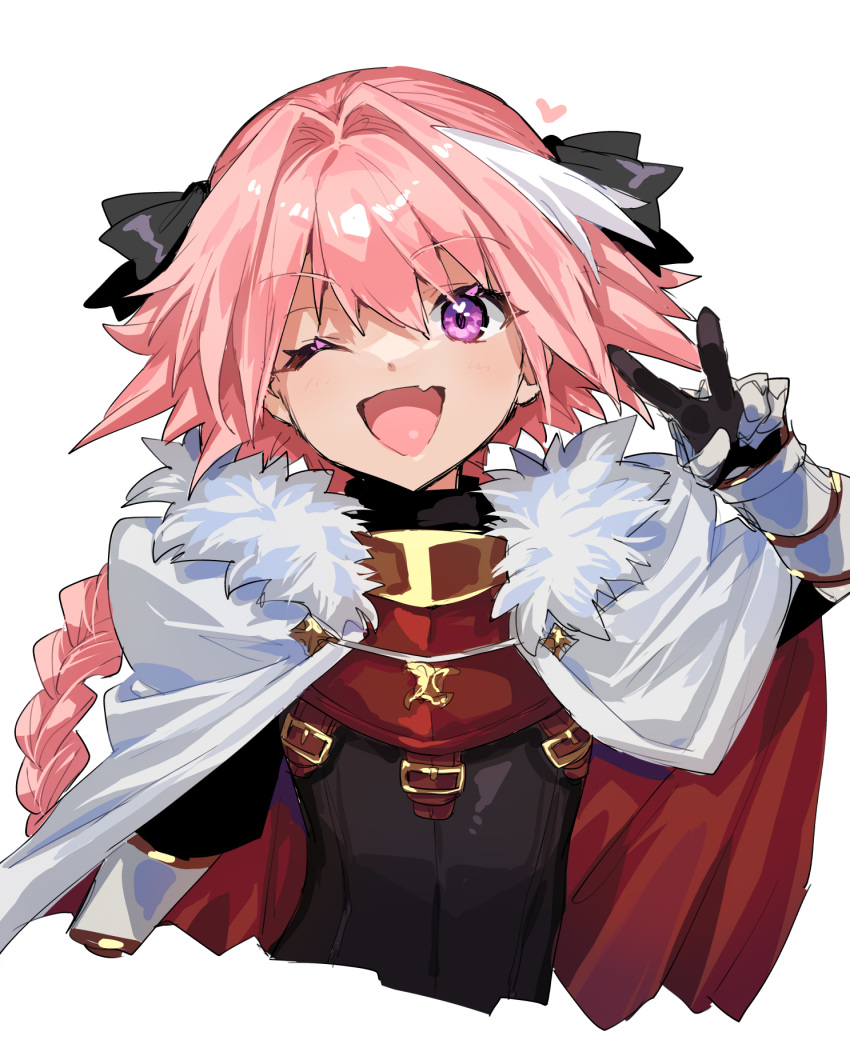 1boy astolfo_(fate) black_bow bow braid capelet cropped_torso fang fate/apocrypha fate/grand_order fate_(series) fur-trimmed_capelet fur_trim hair_bow hair_ribbon highres long_braid long_hair looking_at_viewer male_focus multicolored_hair one_eye_closed open_mouth otoko_no_ko pink_hair ribbon single_braid skin_fang smile solo streaked_hair v violet_eyes white_hair yadayada