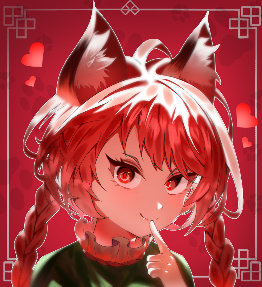 1girl animal_ear_fluff braid cat closed_mouth commentary_request dress fang fang_out finger_to_mouth green_dress hand_up heart highres kaenbyou_rin lips long_hair looking_at_viewer portrait red_background red_eyes redhead simple_background solo touhou twin_braids yomatsuri_(festival_night)