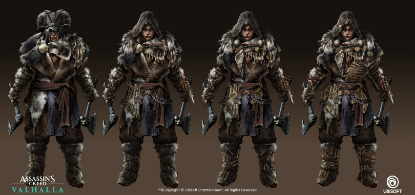 1girl absurdres assassin's_creed:_valhalla axe belt company_name concept_art copyright_name dual_wielding english_text hatchet_(axe) highres holding holding_axe hood lucas_725 multiple_views simple_background