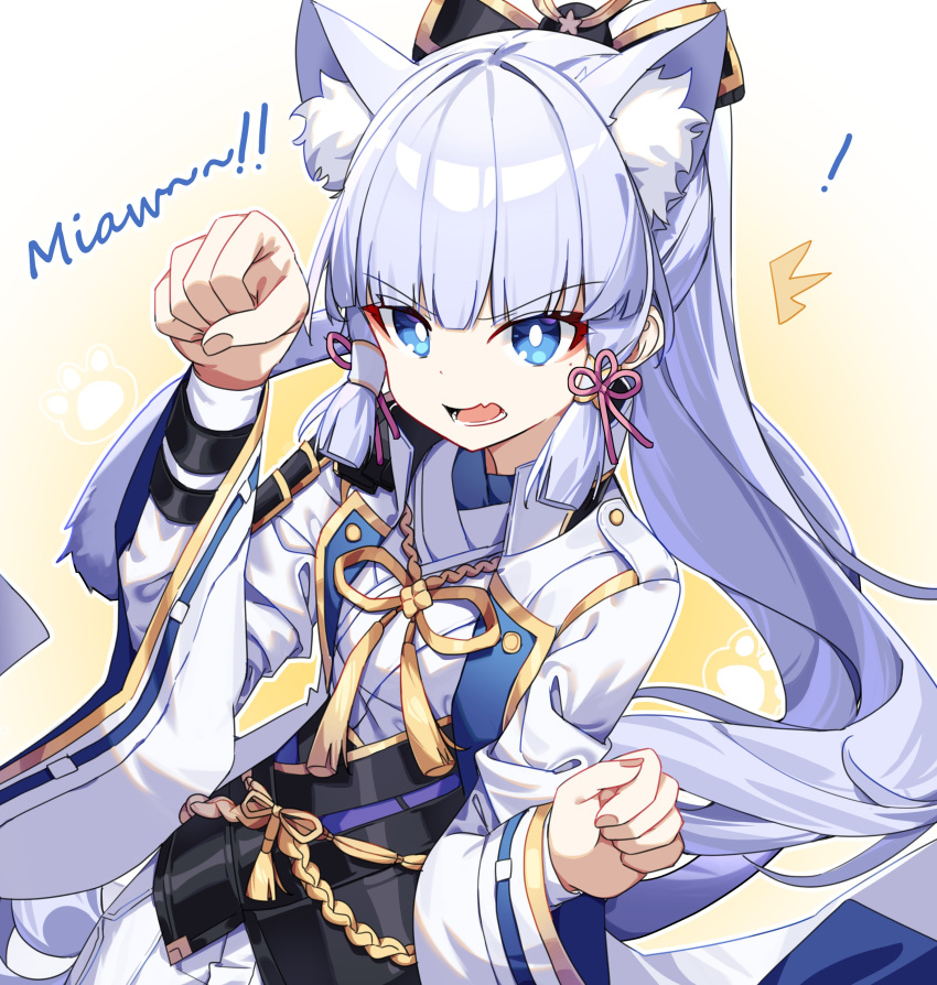 1girl absurdres animal_ear_fluff animal_ears animal_hands blue_eyes blue_shirt bow bowtie breasts cat_ears cat_tail clenched_hands collared_jacket dress english_text fang fingernails genshin_impact gradient_background grey_hair hair_between_eyes hair_ornament hair_ribbon hair_tubes hands_up highres jacket kamisato_ayaka long_fingernails long_hair long_sleeves looking_at_viewer medium_breasts mole mole_under_eye open_clothes open_jacket open_mouth pink_ribbon ponytail ribbon shiroi_ou shirt solo standing tail tassel teeth tongue v-shaped_eyebrows white_background white_dress white_jacket wide_sleeves yellow_background yellow_bow yellow_bowtie