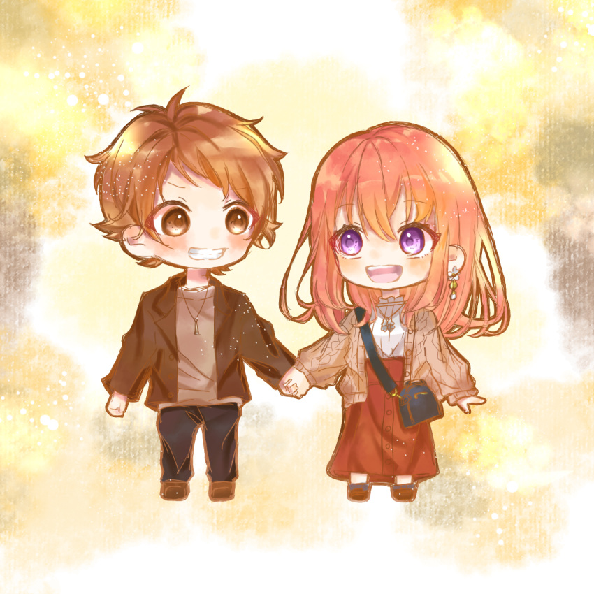 1boy 1girl :d arm_at_side bag black_pants blue_bag blush brown_cardigan brown_eyes brown_footwear brown_hair brown_jacket brown_skirt buttons cardigan casual chibi clenched_hand clover commentary_request couple earrings enomoto_koutarou four-leaf_clover full_body grey_shirt grin hair_between_eyes handbag happy hetero highres holding_hands honeyworks jacket jewelry kokuhaku_jikkou_iinkai lapels long_hair long_skirt long_sleeves looking_at_another looking_to_the_side multicolored_background necklace no_nose open_cardigan open_clothes open_mouth pants paper_texture parted_bangs partial_commentary pendant pink_hair setoguchi_hina shigure_(user_vhpa8874) shirt shoes short_hair skirt sleeves_past_wrists smile standing t-shirt teeth upper_teeth_only violet_eyes white_shirt