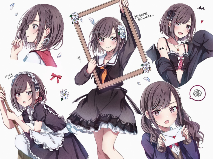 1girl apron black_bow black_dress bow braid breasts brown_eyes brown_hair do_while02 dress feathers flower frilled_apron frilled_dress frills hair_bow hair_flower hair_ornament highres jewelry jirai_kei long_hair long_sleeves looking_at_viewer love_letter low_twintails maid maid_apron maid_headdress medium_breasts medium_hair multiple_views necklace project_sekai puffy_short_sleeves puffy_sleeves shinonome_ena short_sleeves single_braid twintails waist_apron white_apron white_feathers