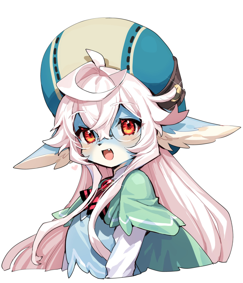 1girl ahoge aqua_dress aqua_headwear ascot blue_fur body_fur dress fang furry furry_female gem highres long_hair looking_at_viewer open_mouth original pointy_ears red_ascot red_eyes round_eyewear smile solo wavy_hair white_hair yadayada