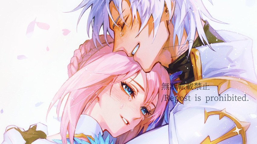 1boy 1girl alphen_(tales) blue_eyes blush braid close-up closed_eyes couple crying crying_with_eyes_open dress gloves gold_trim grey_hair highres hug jacket nukegara102 parted_lips petals pink_hair shionne_(tales) smile tales_of_(series) tales_of_arise tears white_background white_dress white_jacket