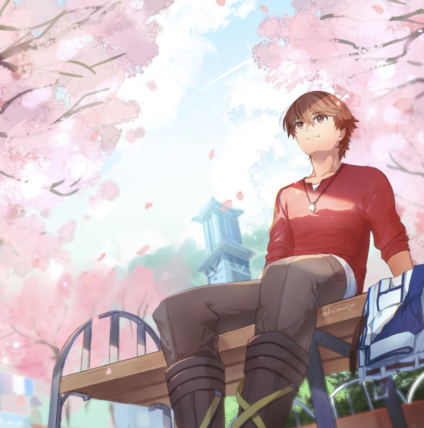 1boy ao_no_kiseki arm_support bench blue_sky boots brown_eyes brown_hair building cherry_blossoms closed_mouth clouds collarbone day dog_tags dutch_angle eiyuu_densetsu falling_petals feet_out_of_frame folded_clothes from_behind grey_pants hair_between_eyes highres jacket jacket_removed jewelry kaimurkgk leaning_back light_smile lloyd_bannings outdoors pants park_bench pendant petals red_shirt shirt short_hair sitting sitting_on_bench sky sleeves_past_elbows sleeves_pushed_up smile solo t-shirt tower twitter_username watermark zero_no_kiseki