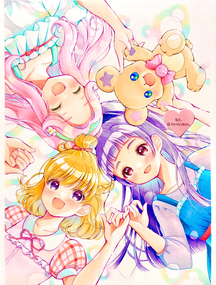 3girls asahina_mirai blonde_hair blunt_bangs blush closed_eyes folded_braid green_headband hanami_kotoha headband heart highres izayoi_liko lilylily0601 long_hair mahou_girls_precure! mofurun_(mahou_girls_precure!) multiple_girls open_mouth parted_bangs pink_eyes pink_hair pinky_swear precure purple_hair smile stuffed_animal stuffed_toy swept_bangs teddy_bear violet_eyes