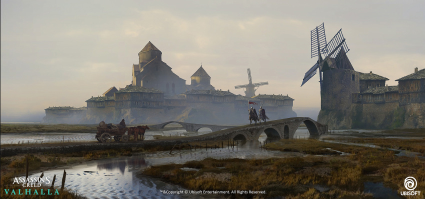 3boys assassin's_creed:_valhalla assassin's_creed_(series) bridge building cart company_name concept_art copyright_name dechambo english_text european_architecture fortress grey_sky highres horseback_riding multiple_boys outdoors riding river watermark windmill