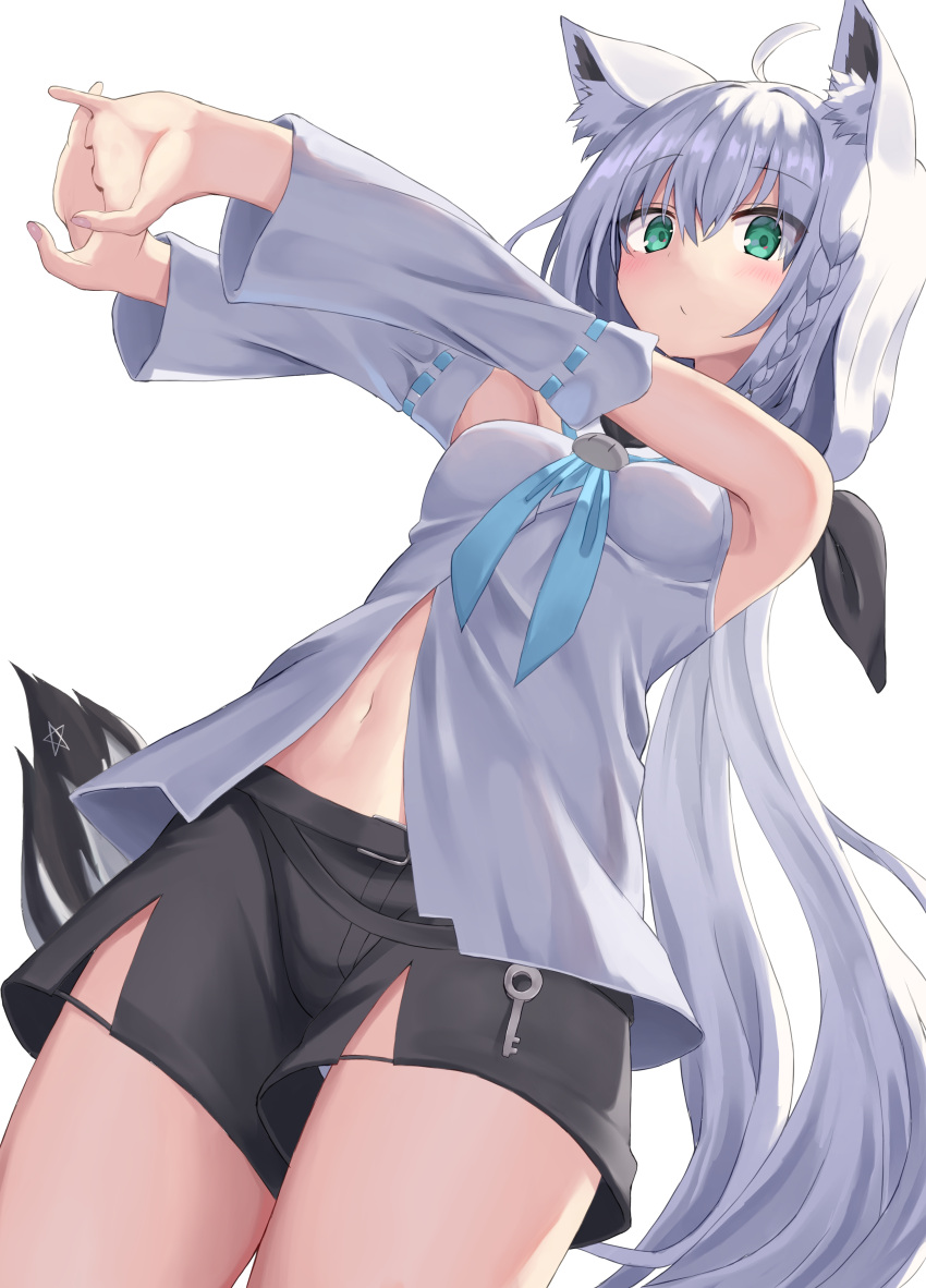 1girl absurdres ahoge animal_ear_fluff animal_ears bare_shoulders black_bow black_fur black_shorts blue_ribbon blush bow braid breasts closed_mouth cowboy_shot detached_sleeves expressionless fox_ears fox_girl fox_tail from_below green_eyes hair_between_eyes hair_bow highres hololive interlocked_fingers kajitsu_no_hito key long_hair looking_at_viewer looking_down medium_breasts navel outstretched_arms palms ribbon ribbon-trimmed_sleeves ribbon_trim shirakami_fubuki shirt shorts sidelocks simple_background single_braid sleeveless sleeveless_shirt solo stretching tail thighs very_long_hair virtual_youtuber white_background white_shirt white_sleeves wide_sleeves