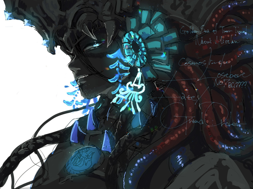 1boy black_hair blue_eyes braid camazotz_(fate) copyright_name facial_tattoo fate/grand_order fate_(series) glowing glowing_eyes grin hair_between_eyes headdress highres jewelry long_hair looking_at_viewer male_focus multiple_braids necklace simple_background smile solo tattoo upper_body wacya-sowki white_background