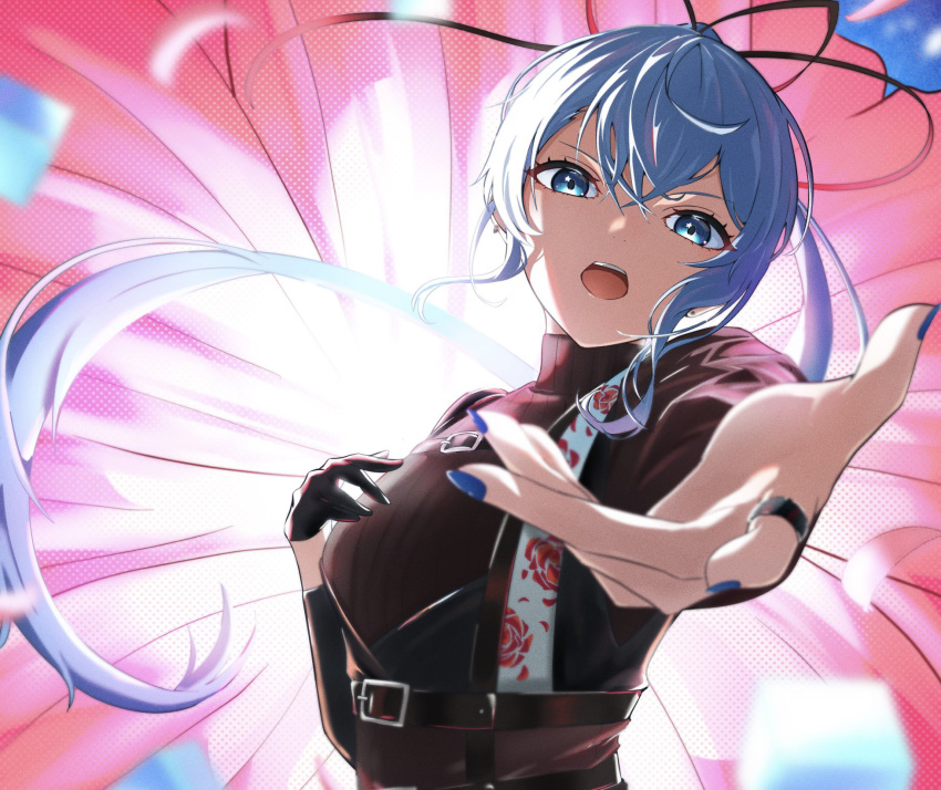 1girl belt black_belt black_shirt blue_eyes blue_hair blue_nails botan0912 floating_hair floral_print gloves high_ponytail highres hololive hoshimachi_suisei jewelry long_hair looking_at_viewer open_hand open_mouth outstretched_arm reaching_towards_viewer ring rose_print shirt single_glove solo teeth turtleneck upper_body upper_teeth_only virtual_youtuber