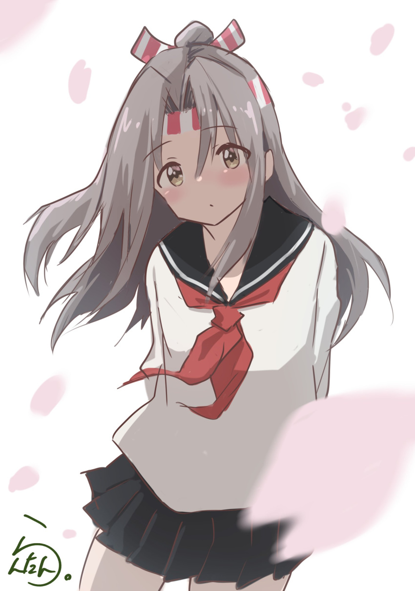 1girl absurdres alternate_costume arms_behind_back artist_name black_sailor_collar black_skirt blurry brown_eyes cherry_blossoms commentary_request depth_of_field grey_hair headband highres kantai_collection lanthan neckerchief petals pleated_skirt ponytail red_neckerchief sailor_collar sailor_shirt school_uniform serafuku shirt signature simple_background skirt solo white_background zuihou_(kancolle)