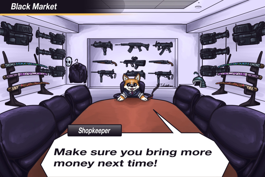 1boy absurdres arms_on_table assault_rifle black_market black_suit bullpup chair cigar clothes_hanger dog double-barreled_shotgun english_text fake_screenshot fim-92_stinger formal gun h&amp;k_mp5k helmet highres holding holding_cigar imi_uzi infinitebrians iwi_tavor jacket jason_voorhees katana leather leather_jacket mask meme necktie office_chair red_necktie rifle rocket_launcher round_eyewear sheath sheathed shin_megami_tensei shin_megami_tensei_iv shotgun signature speech_bubble submachine_gun suit sunglasses swivel_chair sword table weapon weapon_on_wall welsh_corgi wooden_table