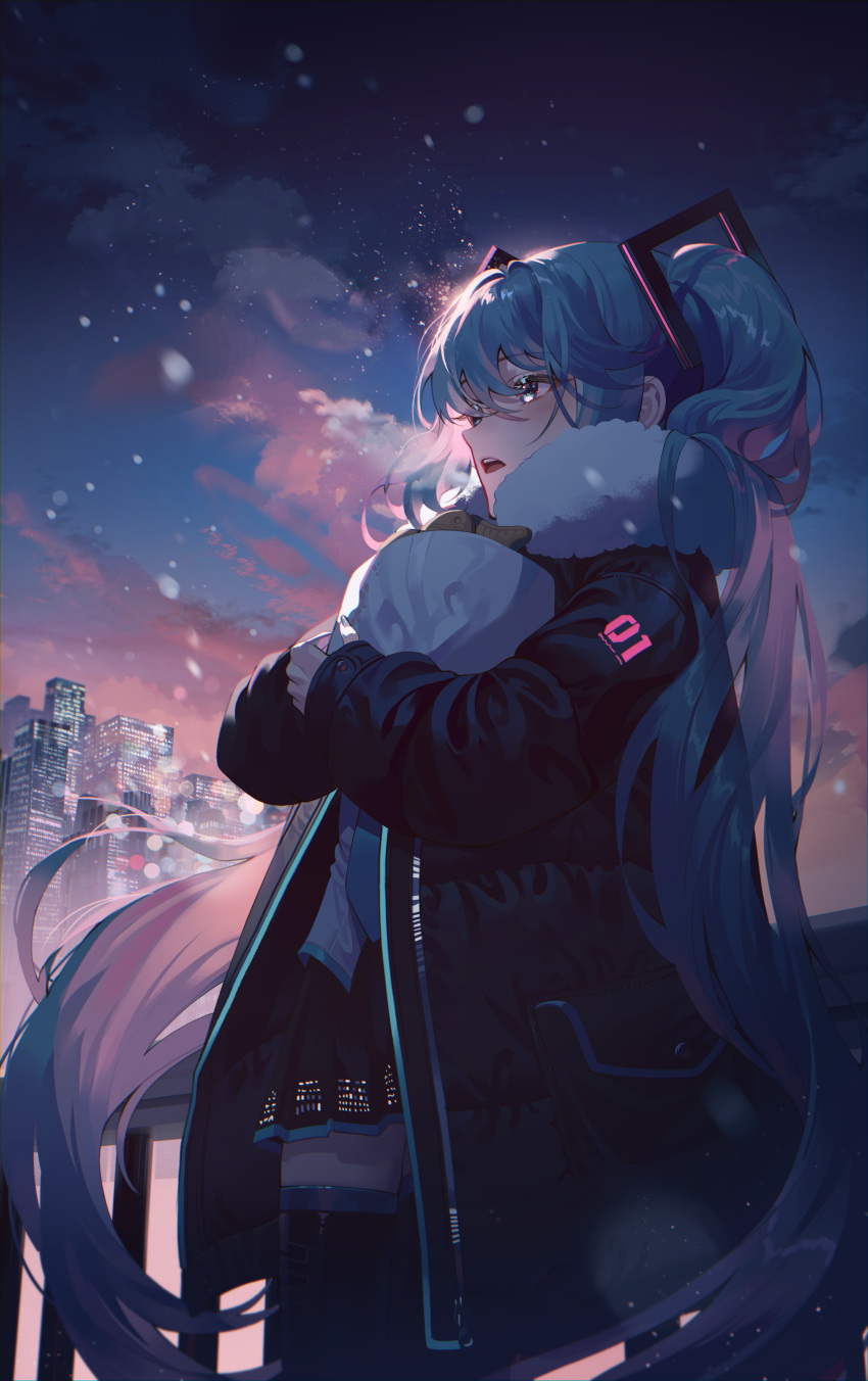 1girl absurdres aqua_eyes aqua_hair aqua_necktie bag black_coat black_skirt black_thighhighs building city cityscape clouds coat commentary_request cowboy_shot food fur_coat grey_shirt hatsune_miku highres holding holding_bag long_hair long_sleeves necktie night night_sky object_hug open_clothes open_coat open_mouth outdoors ramingbera shirt skirt sky skyscraper solo standing taiyaki teeth thigh-highs twintails upper_teeth_only very_long_hair vocaloid wagashi