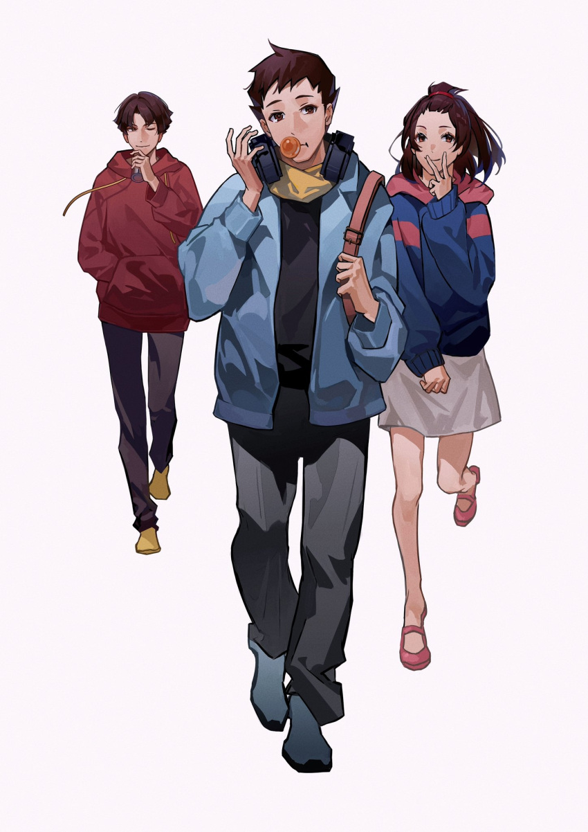 1girl 2boys ace_attorney alternate_costume bangs_pinned_back black_hair black_pants blue_hoodie blue_jacket brown_hair casual closed_mouth contemporary erhua917 full_body hand_in_pocket hand_to_own_mouth headphones headphones_around_neck highres hood hood_down hoodie jacket kazuma_asogi long_sleeves looking_at_viewer multiple_boys pants pink_footwear red_hoodie ryunosuke_naruhodo short_hair simple_background skirt smile susato_mikotoba the_great_ace_attorney v_over_mouth walking white_background white_skirt