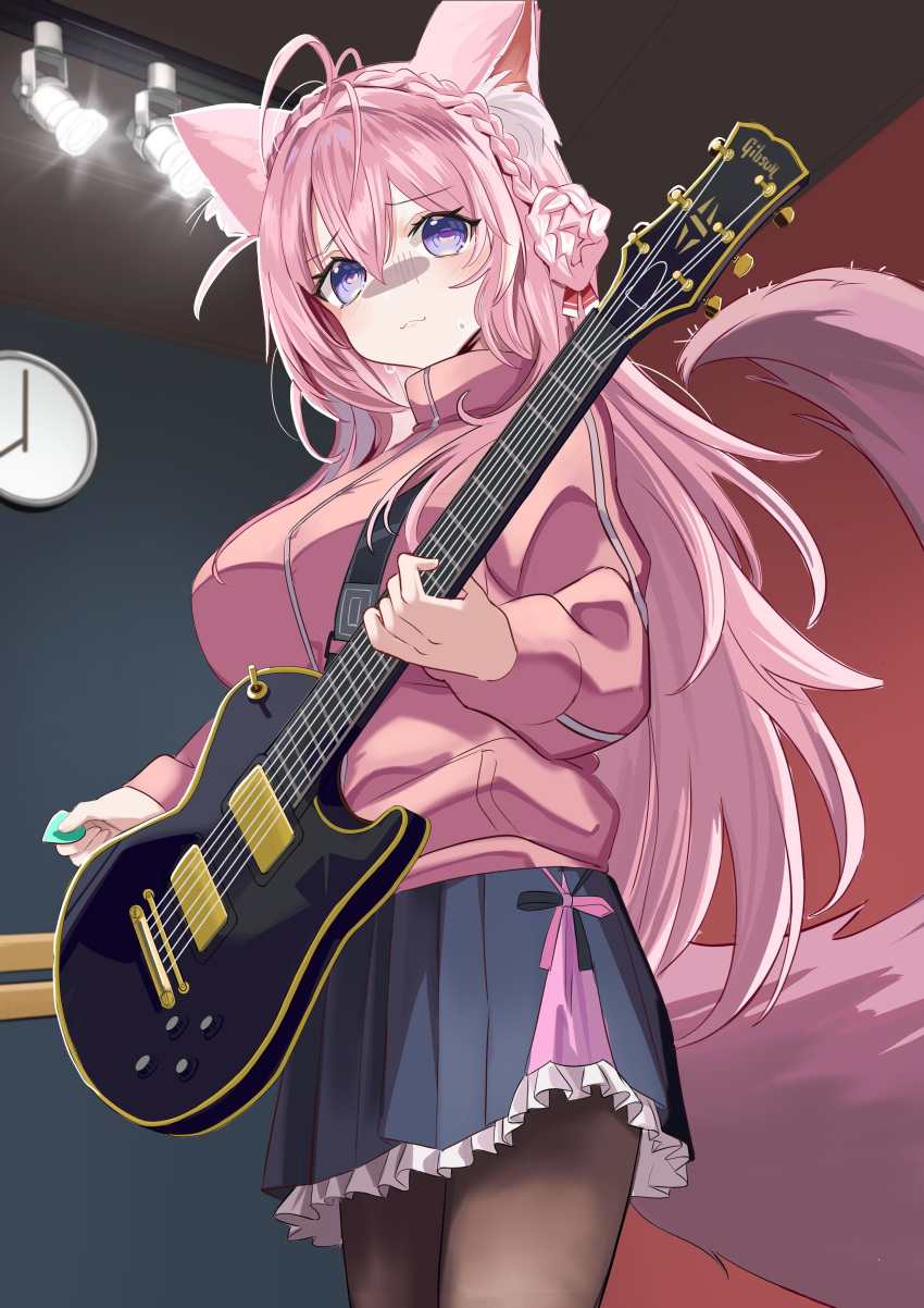 1girl :3 @_@ absurdres animal_ear_fluff animal_ears antenna_hair black_pantyhose black_skirt blue_eyes blush bocchi_the_rock! braid braided_bun breasts commentary cosplay cowboy_shot crown_braid frilled_skirt frills gotou_hitori guitar hair_between_eyes hair_bun hair_spread_out hakui_koyori highres holding holding_instrument hololive indoors instrument jacket large_breasts long_hair long_sleeves looking_at_viewer manjirou_(manji_illust) miniskirt nervous nervous_smile pantyhose pink_hair pink_jacket pink_tail pleated_skirt plectrum sidelocks skirt smile solo sweat tail thigh-highs very_long_hair virtual_youtuber wolf_ears wolf_girl wolf_tail