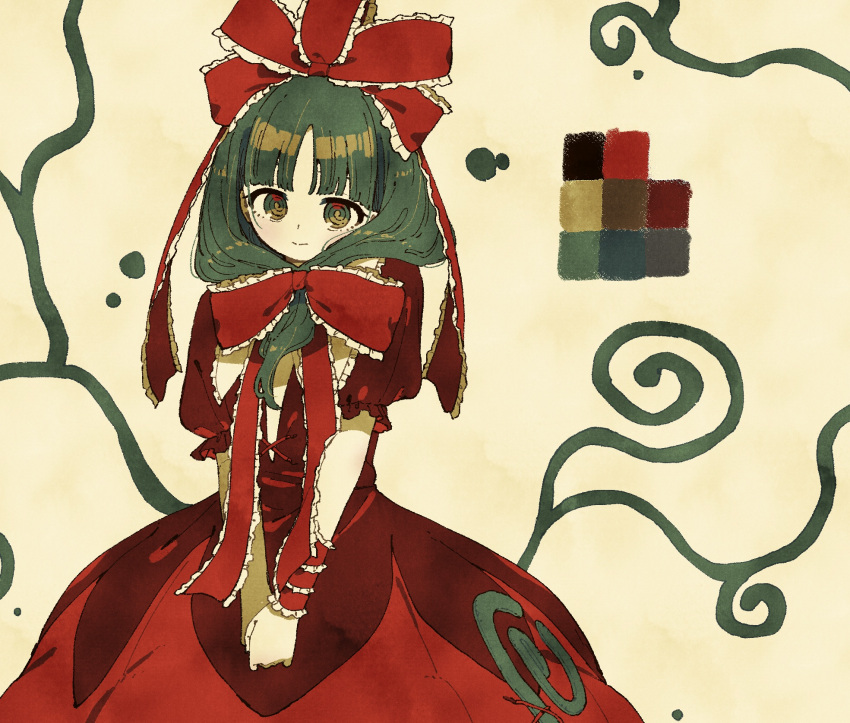 1girl @_@ blush bow closed_mouth color_guide commentary cowboy_shot dress frilled_bow frilled_ribbon frills front_ponytail green_eyes green_hair hair_bow hair_ribbon highres kagiyama_hina long_hair looking_at_viewer nama_udon own_hands_together red_bow red_dress ribbon simple_background smile solo touhou v_arms