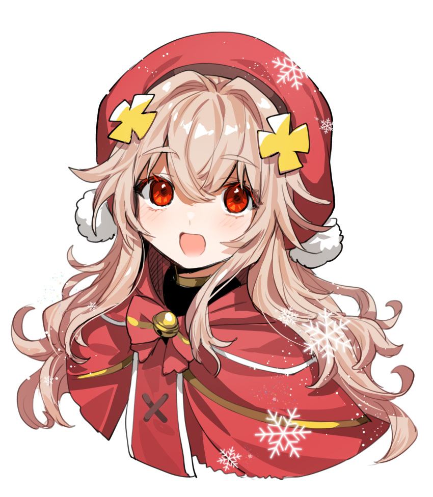 1girl bell beret blonde_hair borrowed_character cape hat highres jingle_bell long_hair looking_at_viewer open_mouth original pom_pom_(clothes) red_cape red_eyes red_headwear smile snowflakes wavy_hair yadayada