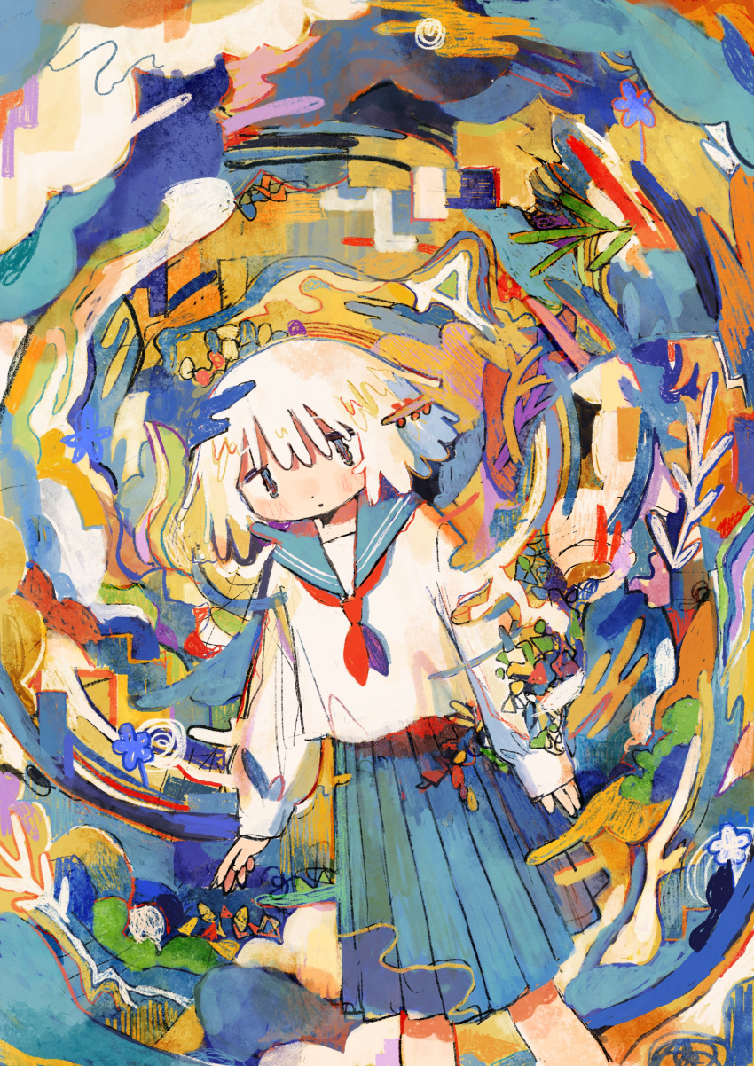 1girl abstract_background absurdres feet_out_of_frame grey_sailor_collar grey_skirt highres long_sleeves looking_at_viewer mamei_mema medium_hair neckerchief original plant pleated_skirt red_neckerchief sailor_collar sailor_shirt school_uniform serafuku shirt skirt solo standing tareme white_hair white_shirt