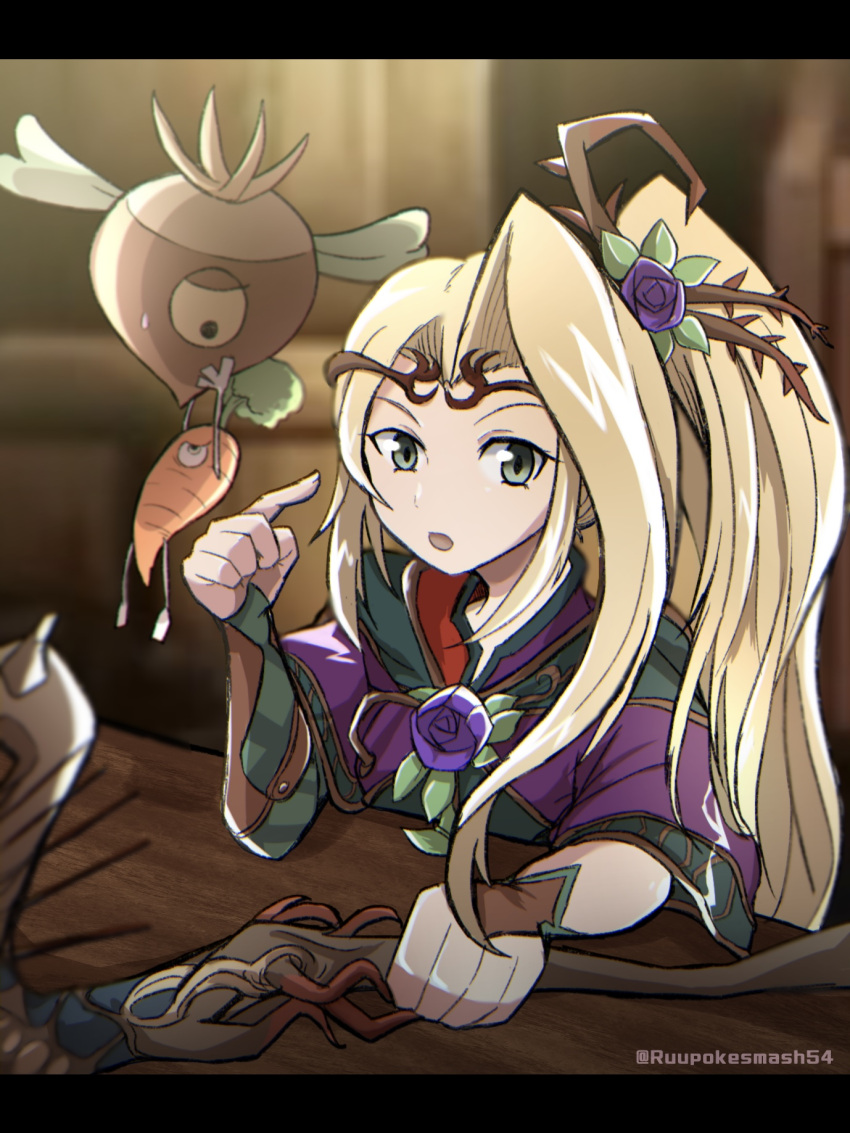 1girl blonde_hair carrot flower green_eyes hair_flower hair_ornament highres holding holding_staff kid_icarus kid_icarus_uprising looking_at_viewer one-eyed open_mouth pointing ponytail purple_flower rune_(ruupokesmash54) staff sweat twitter_username upper_body viridi