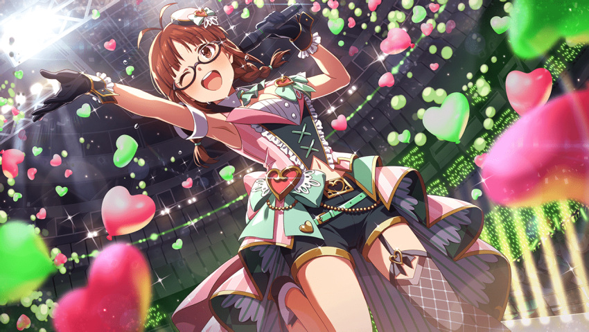 akizuki_ritsuko armpits blush brown_eyes brown_hair dress idolmaster_million_live!_theater_days long_hair smile wink