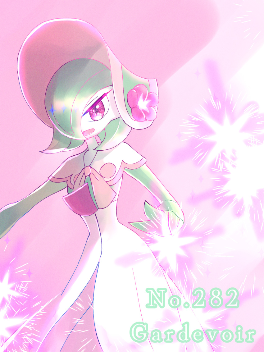 108_(otasuke108) 1girl bob_cut bonnet capelet character_name clothed_pokemon colored_skin commentary english_text flat_chest flower gardevoir gardevoir_(fashionable) green_hair green_skin hair_over_one_eye hand_up hat hat_flower highres looking_at_viewer multicolored_skin one_eye_covered open_mouth pink_background pink_eyes pink_flower pink_headwear pink_trim pokedex_number pokemon pokemon_(creature) pokemon_(game) pokemon_unite short_hair solo sparkle standing two-tone_skin white_capelet white_skin
