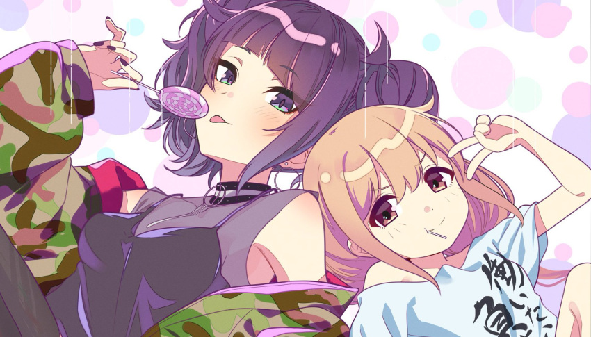 2girls :q back-to-back bare_shoulders black_shirt blonde_hair blush breasts brown_eyes camouflage camouflage_jacket candy choker collarbone diagonal_bangs earrings eating food futaba_anzu highres holding holding_candy holding_food holding_lollipop idolmaster idolmaster_cinderella_girls idolmaster_cinderella_girls_starlight_stage idolmaster_shiny_colors jacket jewelry knee_up lollipop long_hair looking_at_viewer lying_on_person medium_breasts multiple_girls nail_polish polka_dot polka_dot_background purple_hair purple_nails shirt short_twintails smile t-shirt tanaka_mamimi ten231523_2 tongue tongue_out twintails v very_long_hair violet_eyes