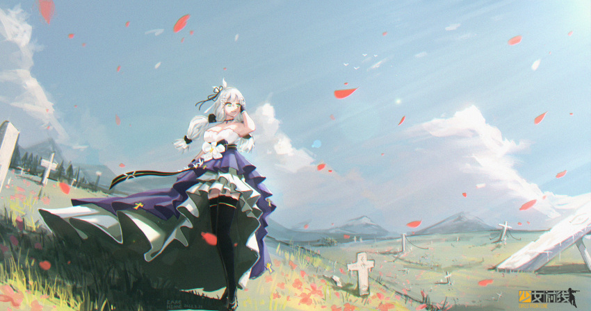 1girl absurdres black_gloves black_thighhighs blue_sky breasts clouds cross day dress evening_gown facial_mark fish_g girls_frontline gloves green_eyes hairband high-low_skirt highres hk416_(girls'_frontline) hk416_(starry_cocoon)_(girls'_frontline) large_breasts layered_dress long_hair multi-tied_hair multicolored_clothes multicolored_dress official_alternate_costume outdoors purple_dress sky solo standing strapless strapless_dress teardrop teardrop_tattoo thigh-highs very_long_hair white_dress white_hairband