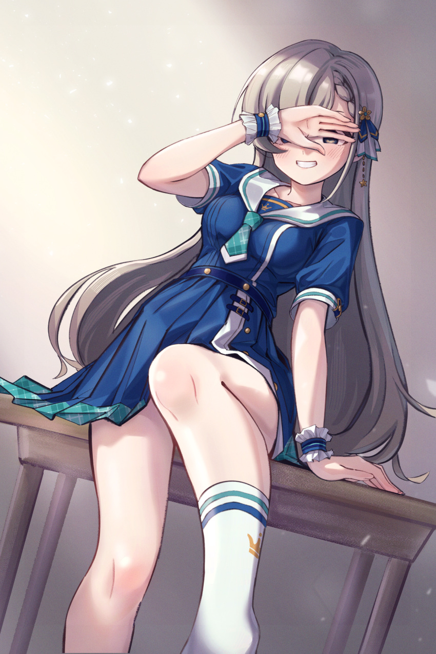 1girl 24riside absurdres black_socks blue_eyes blush braid braided_bangs covering_own_eyes desk green_necktie grey_hair grin hair_ornament highres hisakawa_hayate idolmaster idolmaster_cinderella_girls idolmaster_cinderella_girls_starlight_stage knees_up long_hair looking_at_viewer necktie on_desk open_mouth plaid_necktie pleated_skirt sailor_collar school_uniform scrunchie short_sleeves sitting sitting_on_desk skirt smile socks solo very_long_hair wrist_scrunchie