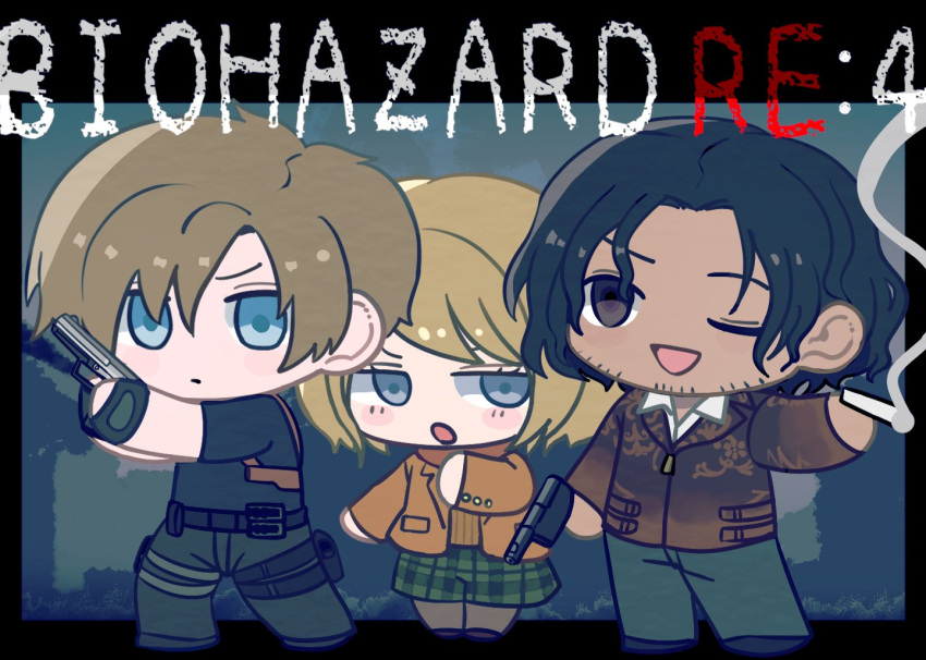 1girl 2boys :d :o ashley_graham beard belt black_hair black_shirt blonde_hair blue_eyes blush brown_eyes brown_hair brown_shirt chibi cigarette dark_skin english_text facial_hair fingerless_gloves gloves green_skirt gun hand_on_own_chest handgun holding holding_cigarette holding_weapon holster jacket leggings leon_s._kennedy looking_ahead looking_at_another luis_sera multiple_boys no_nose oma_nuke_3 one_eye_closed orange_jacket orange_sleeves pants pocket red_scarf resident_evil resident_evil_4 resident_evil_4_(remake) scarf shirt short_hair simple_background skirt smile smoke_trail standing v-shaped_eyebrows weapon zipper