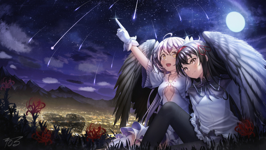 2_ru 2girls absurdres akemi_homura city flower goddess_madoka highres kaname_madoka long_hair magia_record:_mahou_shoujo_madoka_magica_gaiden mahou_shoujo_madoka_magica mahou_shoujo_madoka_magica:_hangyaku_no_monogatari moon multiple_girls night pointing shooting_star spider_lily star_(sky) very_long_hair wings