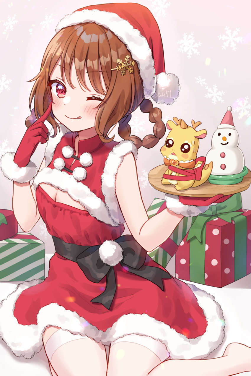 1girl :q absurdres black_bow bound bow braid brown_hair christmas cleavage_cutout closed_mouth clothing_cutout commentary delicious_party_precure dress fur-trimmed_dress fur-trimmed_gloves fur_trim gift gloves hair_ornament hair_rings hairclip hanamichi_ran hat highres holding holding_tray index_finger_raised licking_lips looking_at_viewer medium_hair mem-mem_(precure) no_shoes one_eye_closed precure red_dress red_eyes red_gloves santa_dress santa_gloves santa_hat short_dress shuu_(mniarnoakou) sitting sleeveless sleeveless_dress smile snowflake_background snowflake_hair_ornament snowman solo sweatdrop thigh-highs tied_up_(nonsexual) tongue tongue_out tray twin_braids twitter_username wariza white_thighhighs