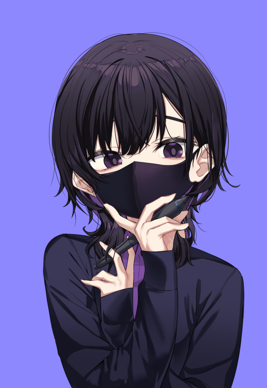 1girl absurdres black_hair black_jacket blue_background collared_shirt dress_shirt hair_between_eyes hands_up highres holding holding_stylus ivan_wang jacket long_sleeves looking_at_viewer mask mouth_mask open_clothes open_jacket original purple_shirt shirt simple_background sleeves_past_wrists solo stylus violet_eyes