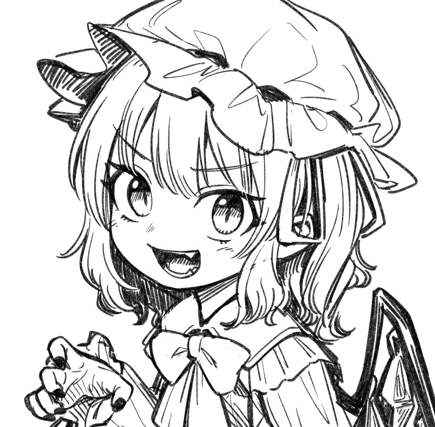 1girl :d bow bowtie claw_pose crystal fangs flandre_scarlet greyscale hand_up hat highres long_sleeves looking_at_viewer medium_hair mob_cap monochrome oninamako open_mouth shirt simple_background smile solo touhou upper_body white_background wings