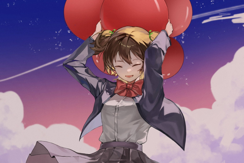 1girl arms_up ball blue_sky chinese_commentary closed_eyes clothes_lift clouds commentary_request contrail cowboy_shot daiba_nana flying gezi_(gezi25889902) gradient_sky green_ribbon grey_jacket grey_skirt hair_ribbon high-waist_skirt highres holding holding_ball jacket light_brown_hair long_sleeves lower_teeth_only multicolored_sky open_clothes open_jacket outdoors parted_lips pink_sky pleated_skirt purple_sky ribbon school_uniform seishou_music_academy_uniform shirt shirt_tucked_in short_hair short_twintails shoujo_kageki_revue_starlight skirt skirt_lift sky smile solo teeth twintails white_shirt