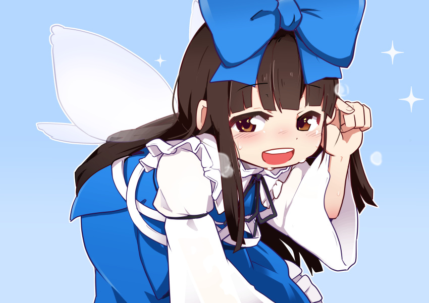 1girl :d absurdres blue_background blue_bow blue_dress blue_ribbon blunt_bangs blush bow dress fairy_wings fingernails hair_bow half-closed_eyes hand_up highres kanisawa_yuuki long_hair open_mouth outline ribbon sidelocks smile solo sparkle star_sapphire teeth touhou upper_teeth_only very_long_hair white_outline wings