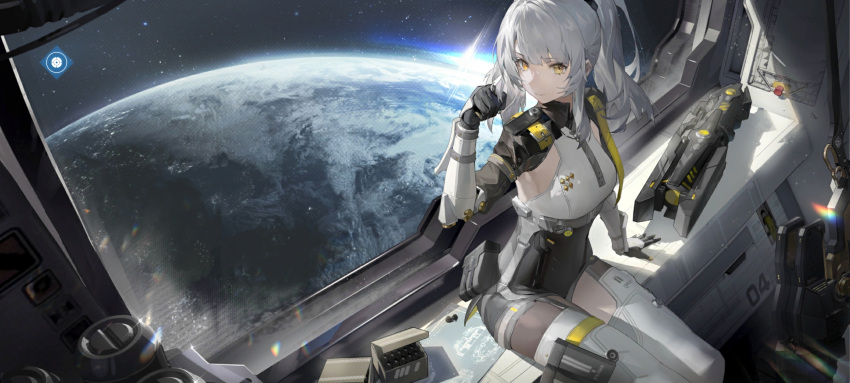 artist_request highres karenina_(punishing:_gray_raven) looking_at_viewer mechanical_parts moon official_art punishing:_gray_raven sitting smile space twintails white_hair window yellow_eyes