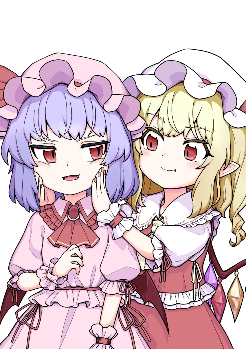 2girls ascot bat_wings blonde_hair brooch closed_mouth collared_shirt commentary_request cowboy_shot crystal fang flandre_scarlet frilled_shirt_collar frills hands_on_another's_cheeks hands_on_another's_face hands_up hat highres jewelry long_hair looking_at_another mob_cap multiple_girls oninamako open_mouth pink_headwear pink_shirt pink_skirt pointy_ears puffy_short_sleeves puffy_sleeves red_ascot red_eyes red_skirt red_vest remilia_scarlet shirt short_sleeves siblings simple_background sisters skirt smile touhou vest white_background white_headwear white_shirt wings wrist_cuffs yellow_ascot