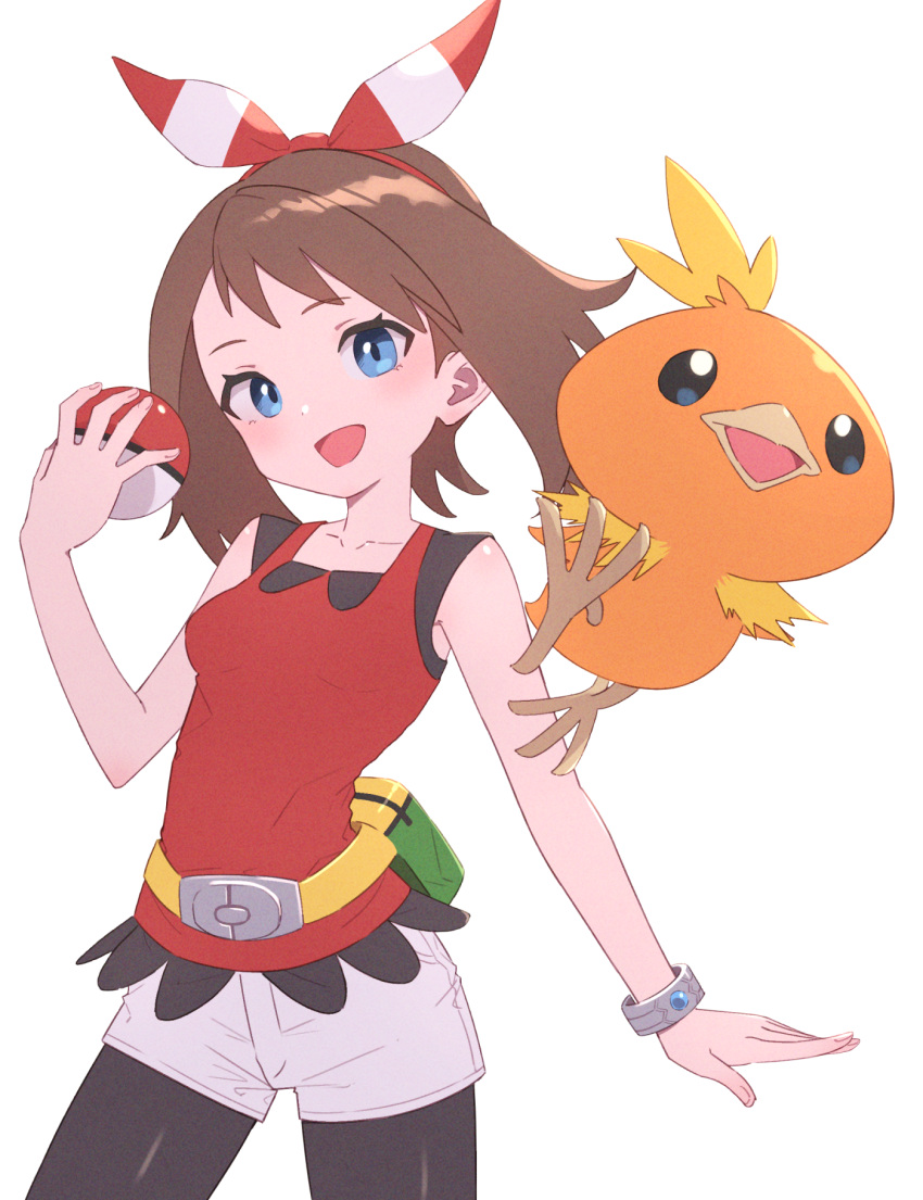 1girl :d bike_shorts bike_shorts_under_shorts blue_eyes blush bow_hairband bracelet breasts brown_hair collarbone commentary eyelashes hairband hand_up highres holding holding_poke_ball jewelry looking_at_viewer may_(pokemon) medium_hair open_mouth poke_ball poke_ball_(basic) pokemon pokemon_(game) pokemon_oras red_hairband red_shirt shimizu_tomoki shirt shorts simple_background sleeveless sleeveless_shirt smile torchic