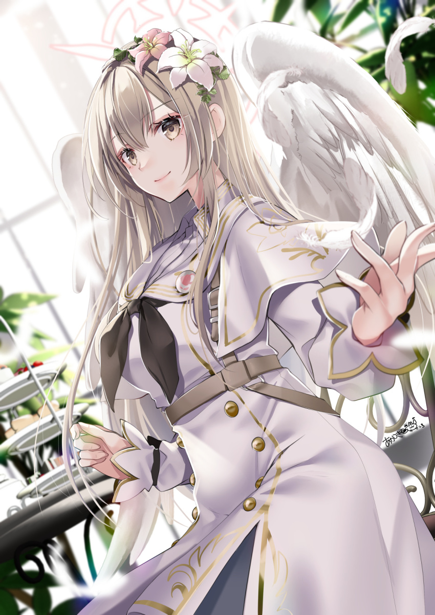 1girl akatsuki_hijiri angel_wings black_neckerchief blue_archive capelet closed_mouth dress feathered_wings flower hair_flower hair_ornament halo highres light_brown_hair light_smile long_hair looking_at_viewer mechanical_halo nagisa_(blue_archive) neckerchief pink_flower school_uniform serafuku standing white_capelet white_dress white_flower white_serafuku white_wings wings