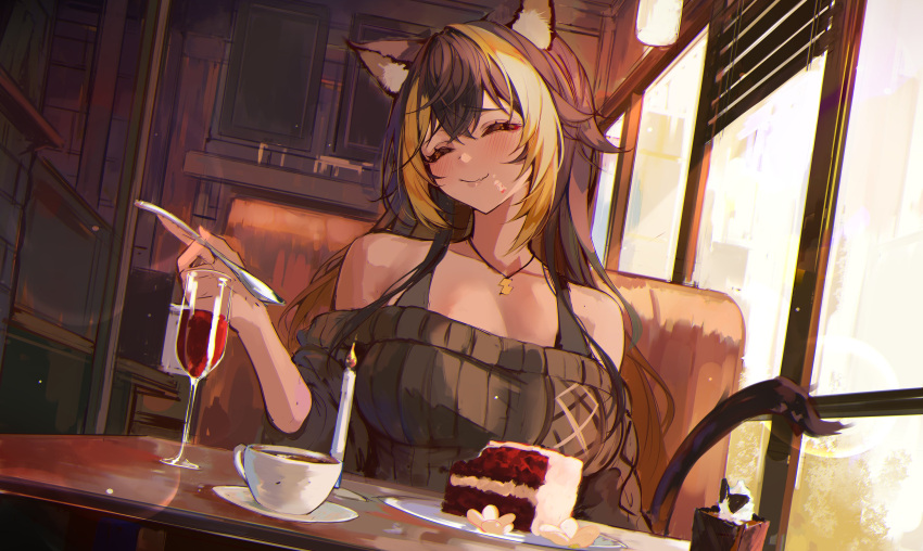 1girl ^_^ animal_ears bare_shoulders black_shirt blush booth_seating breasts cake cake_slice candle cat_ears cat_tail closed_eyes coffee cup drinking_glass dutch_angle eating fire flame food food_on_face highres holding holding_utensil indoors jewelry long_hair mug multicolored_hair naokomama necklace nekoyo_chloe shirt smile solo spoon tail wine_glass